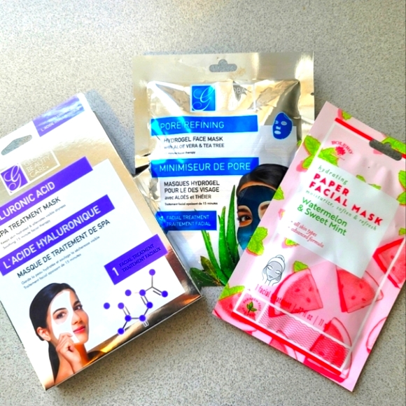3 Kinds of Sheet Masks (3 Masks) Hyaluronic Acid Aloe Vera Tea Tree Oil Mint NWT - Picture 1 of 7